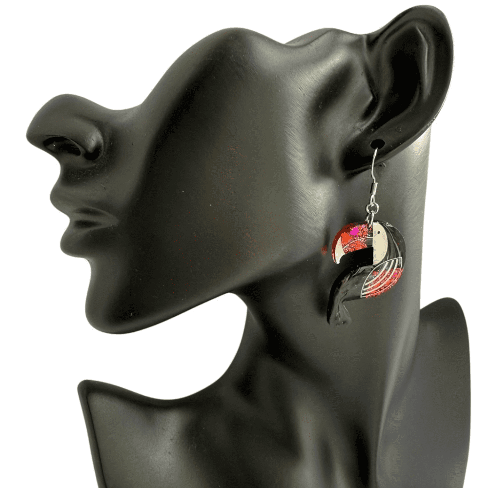 Tropical Toucan Red Glitter Resin Earrings – Bold Bird Statement Jewellery - Image 6