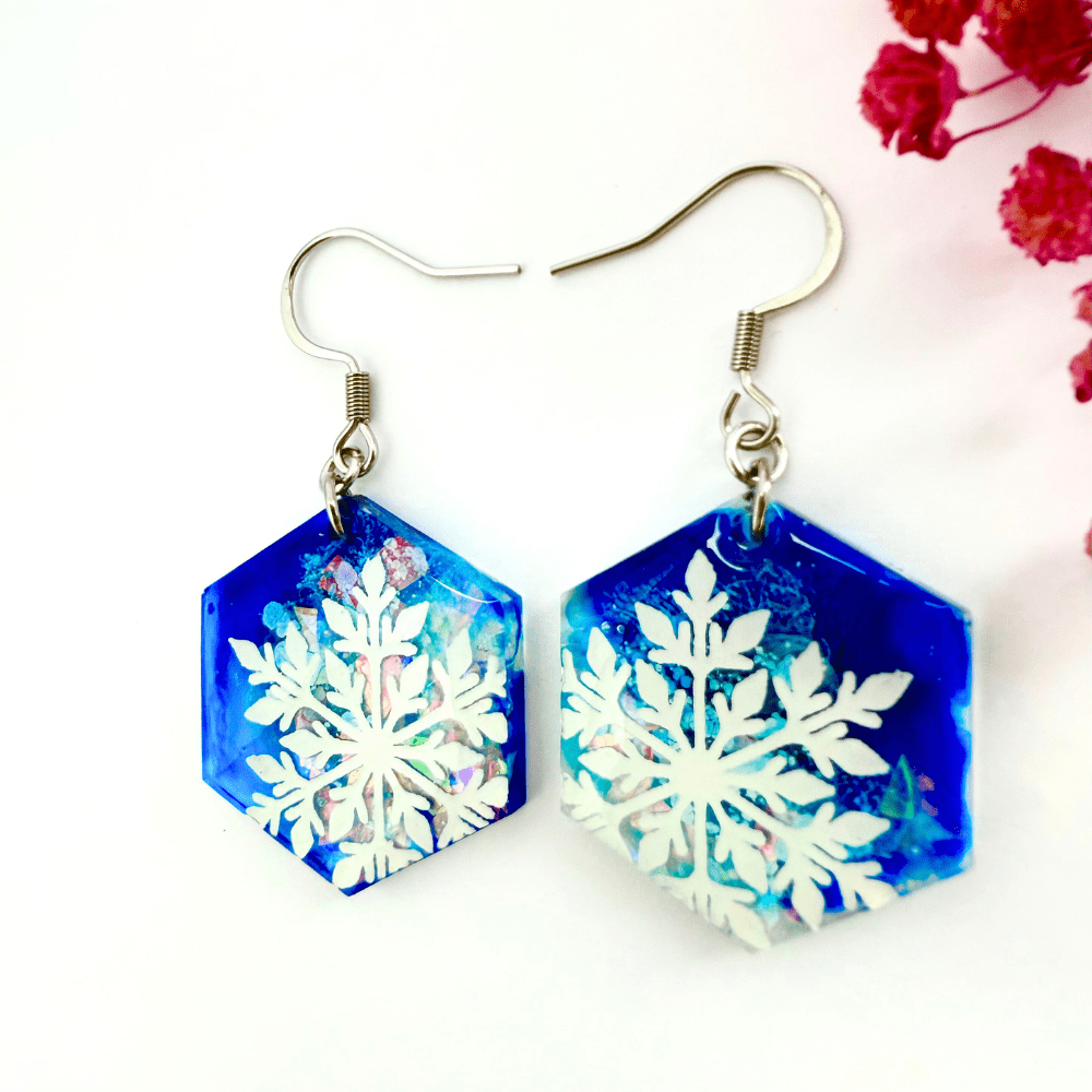 Blue Snowflake Hypoallergenic Earrings – Quirky Winter Jewellery - Image 3