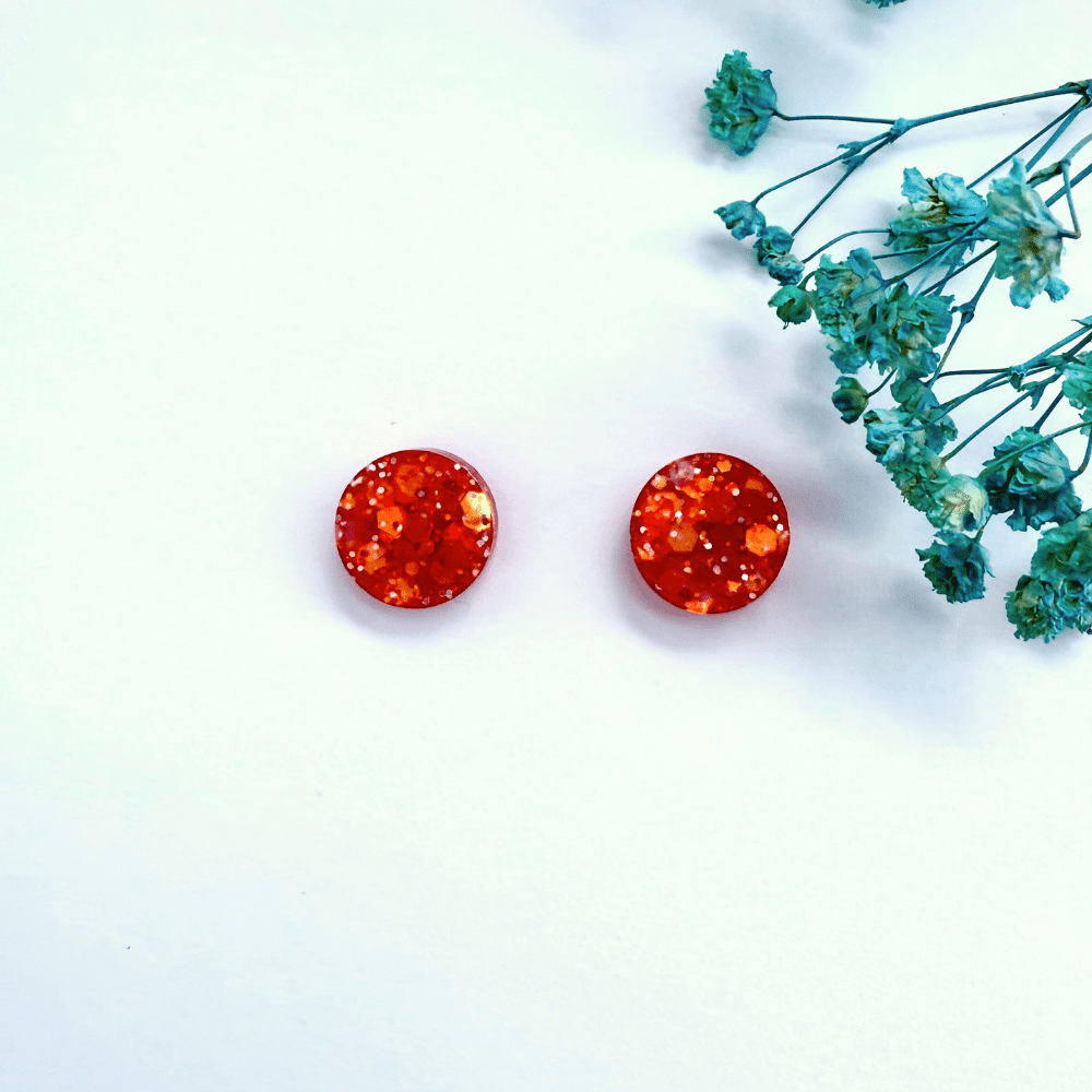 Fiery Red Glitter Stud Earrings – Handmade Resin Hypoallergenic Jewellery - Image 3