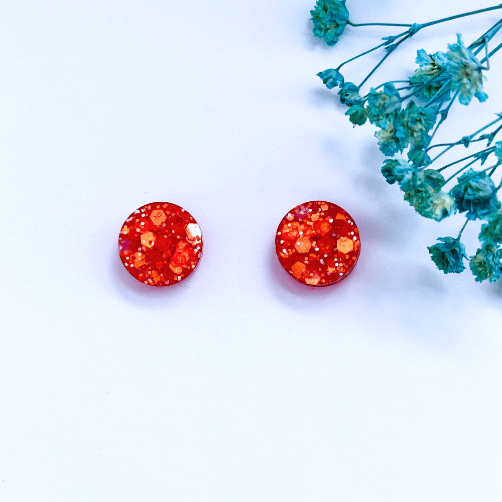 Fiery Red Glitter Stud Earrings – Handmade Resin Hypoallergenic Jewellery - Image 7
