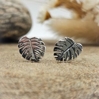 Silver Monstera Leaf Stud Earrings Handmade Botanical Jewellery Gift for Plant Lover
