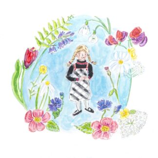 flowers painting picture illustration girl pinafore vintage illustration daisies sweetness ferns cowslip tearoses bluebells snowdrops