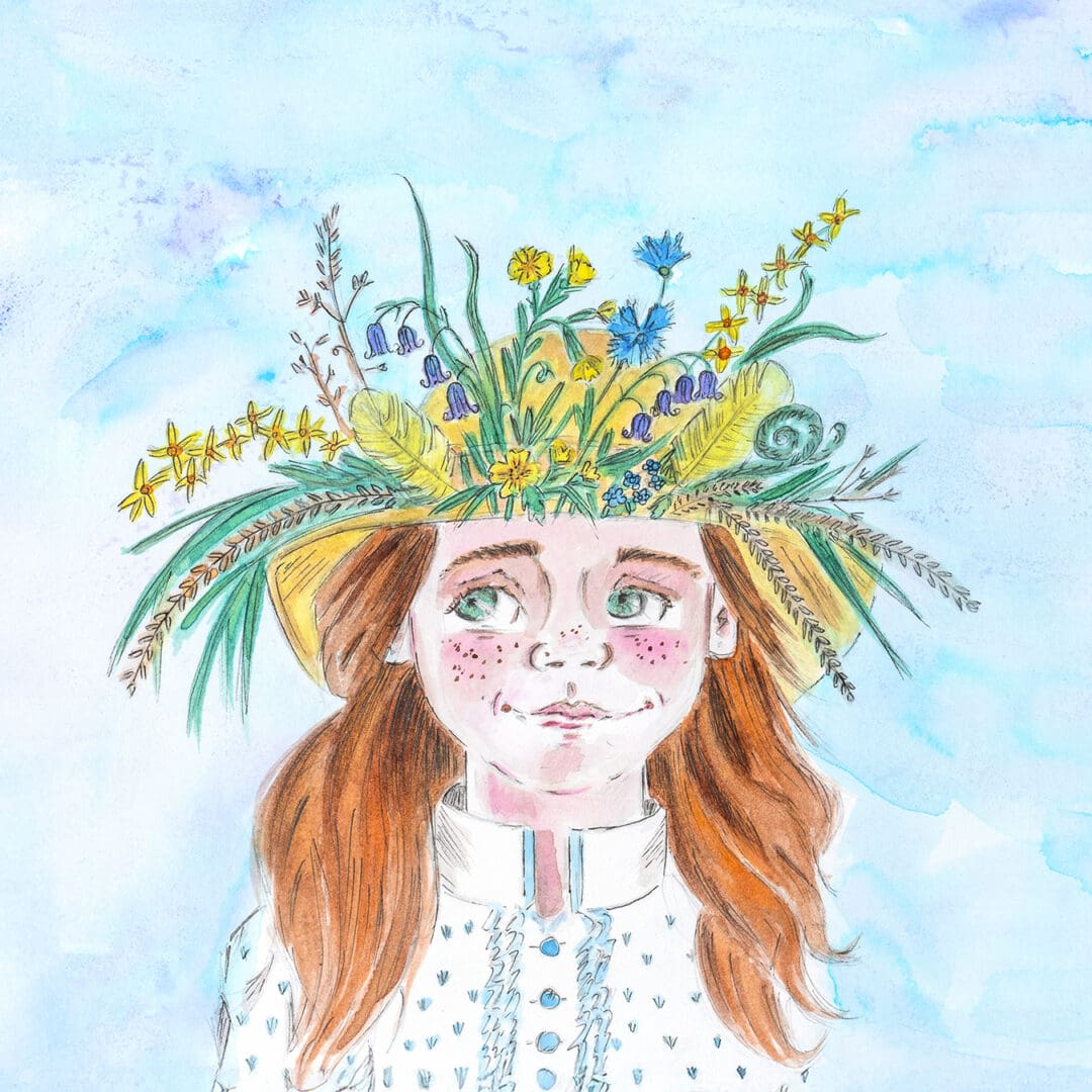 Illustrated Card-Print of Girl in a Spring Wildflower Bonnet (Blank Notelet Card) - Image 2