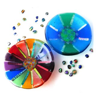 Fused dichroic glass bowls 13cm teal or rainbow millefiori