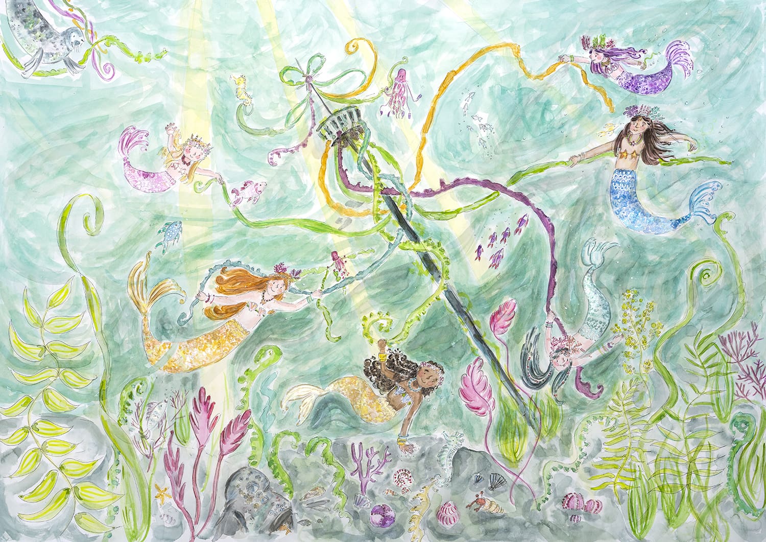 mermaids underwater maypole swimming sea magical picturebook painting picture illustration