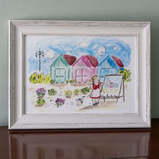 beach hut coast painting picture girl childhood picturebook seaside