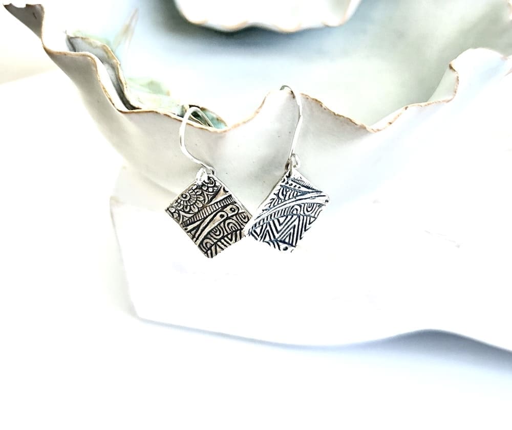 Silver Square Textured Drop Earrings - Image 5