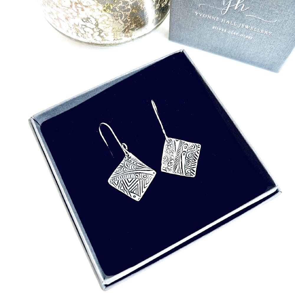 Silver Square Textured Drop Earrings - Image 6