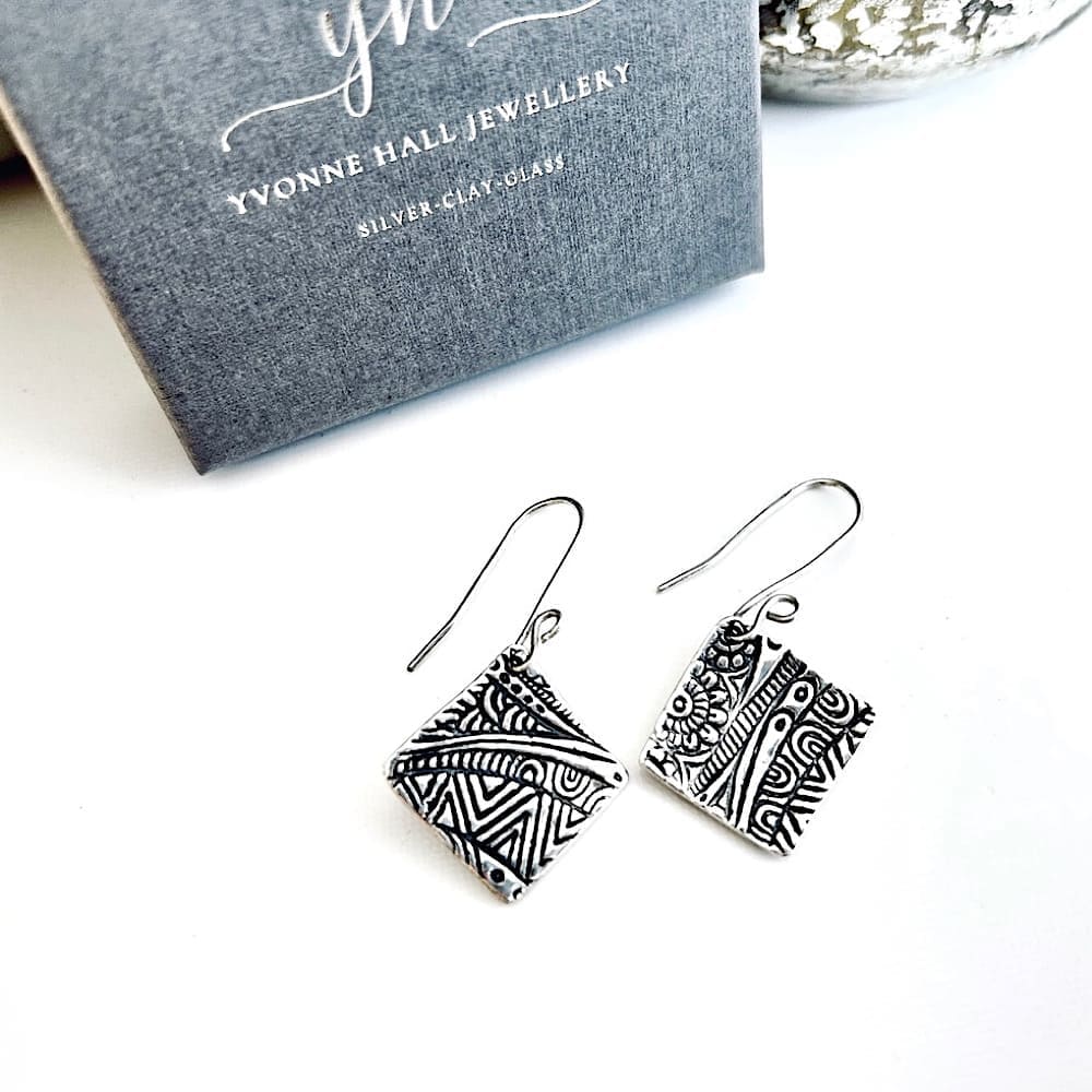 Silver Square Textured Drop Earrings - Image 2