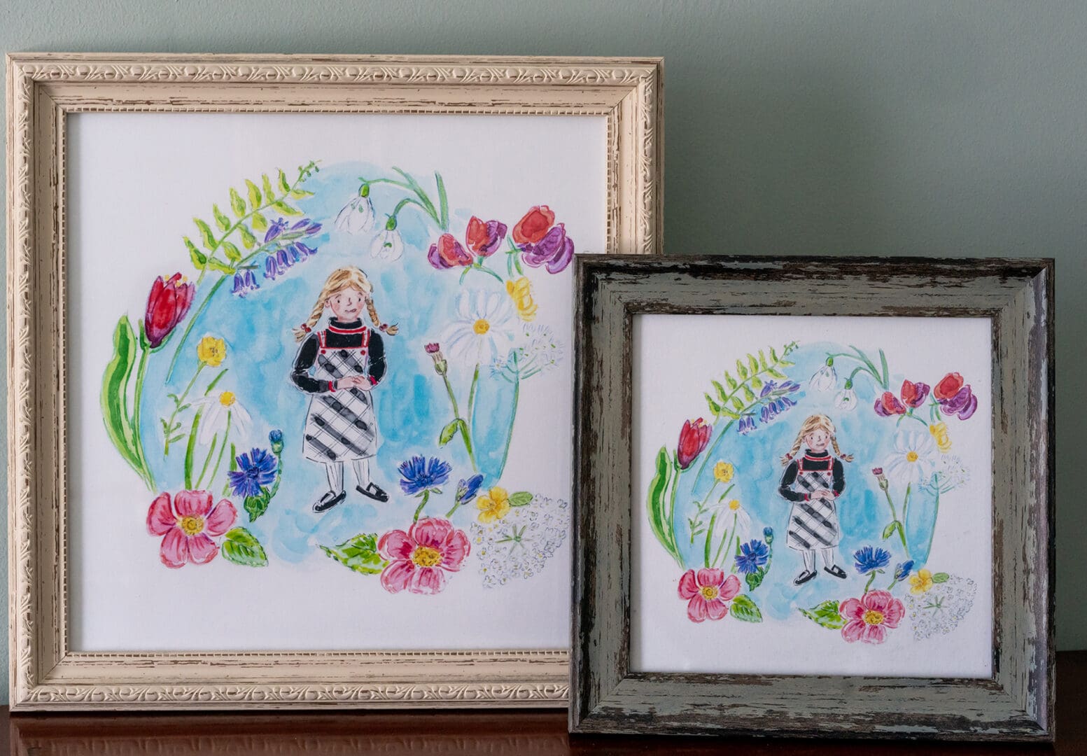 Wildlflower Vintage Girl (Either 12x12", or 8x8"). Giclee Print of Original Hand-painted Gouache Illustration buttercups cornflowers