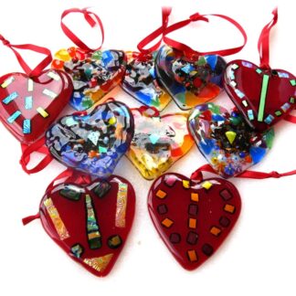 Fused Glass Hearts red or Rainbow patchwork dichroic decoration gift