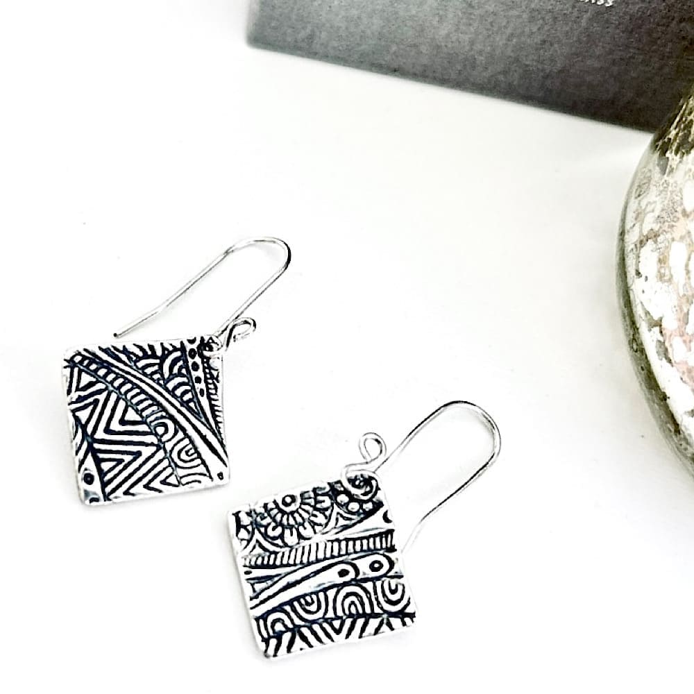 Silver Square Textured Drop Earrings - Image 3