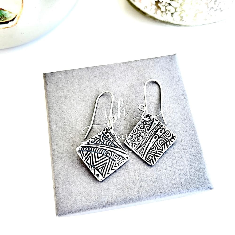 Silver Square Textured Drop Earrings - Image 4