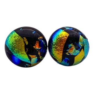 Colorful dichroic glass earrings with black base, adorned with vibrant blue, green, and gold abstract patterns, creating a radiant, artistic effect.