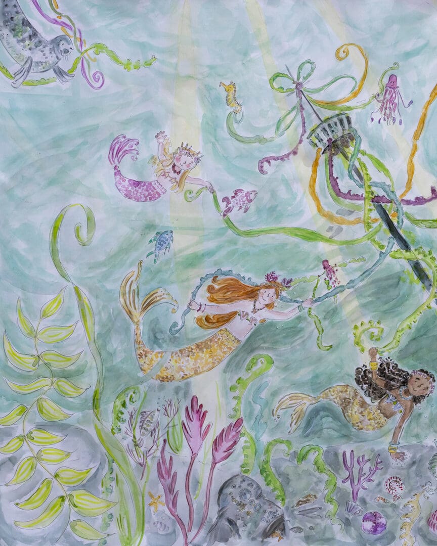 mermaids underwater sea maypole magical dancing swimming ocean painting illustration print