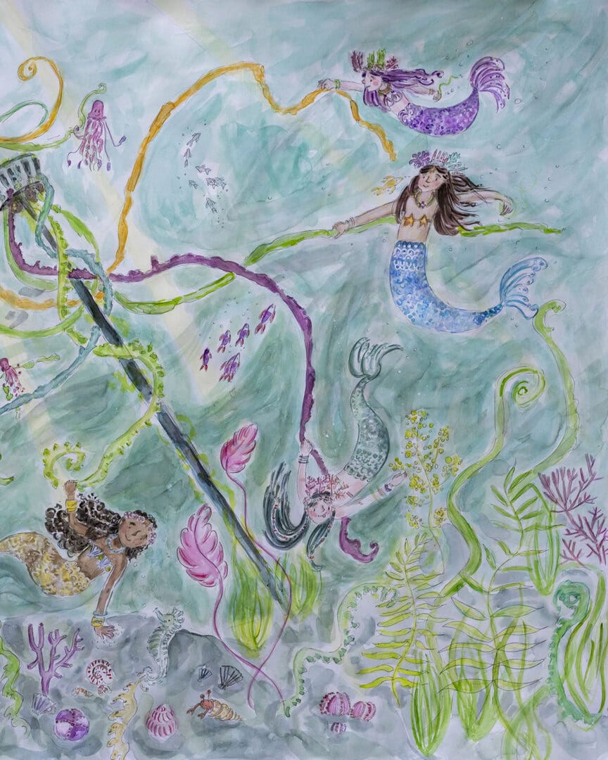 mermaids underwater sea maypole magical dancing swimming ocean painting illustration print