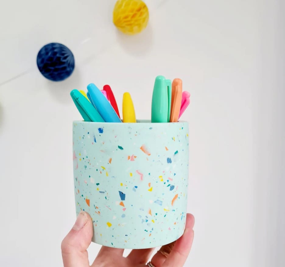 Indoor plant pot, handmade plant pot, handmade pot, terrazzo pot, multi-use pot, mint green planter, navy pot, pen pot, round pot, decorative pot