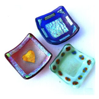 Fused glass dichroic ring dish blue red green millefiori heart