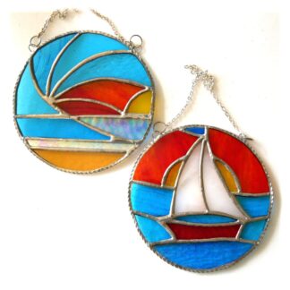 Sunset sailboat waves stained glass suncatcher
