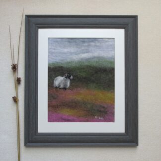 A horned sheep with a black and white face is looking out across a heather moorland.