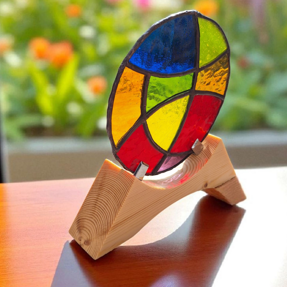 Colourful Round Stained Glass on Wooden Stand Handmade - Image 4