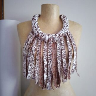chunky fabric necklace with fringe in brown and cream colours