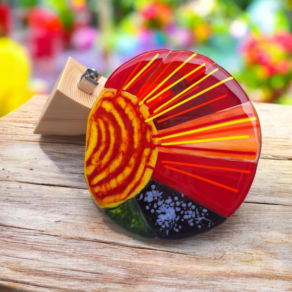 Handmade fused glass sunrise ornament with wooden stand - Image 2