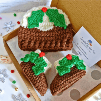 Handcrafted Christmas Pudding Baby Hat And Bootie Gift Set - in sizes Newborn, 0-3 and 3-6 months. Made-To-Order new baby gift
