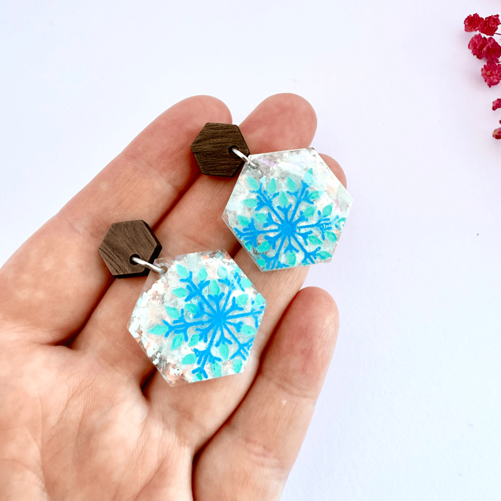 Blue Snowflake Resin Earrings - Image 3
