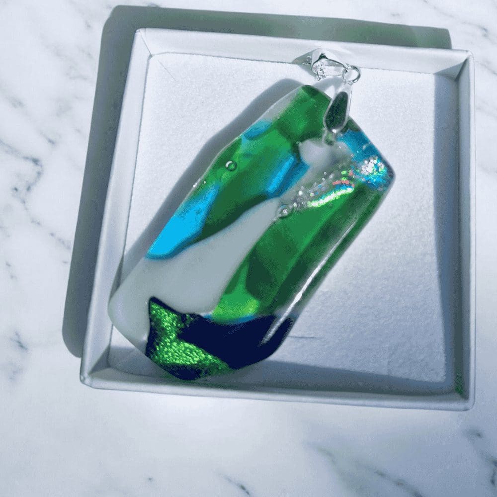 Handmade Green and Blue Fused Glass Pendant Necklace – Statement Dichroic Jewellery Gift - Image 9