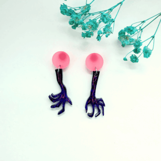 "Handmade pink and purple zombie claw earrings with frosted pink studs for Halloween gothic style