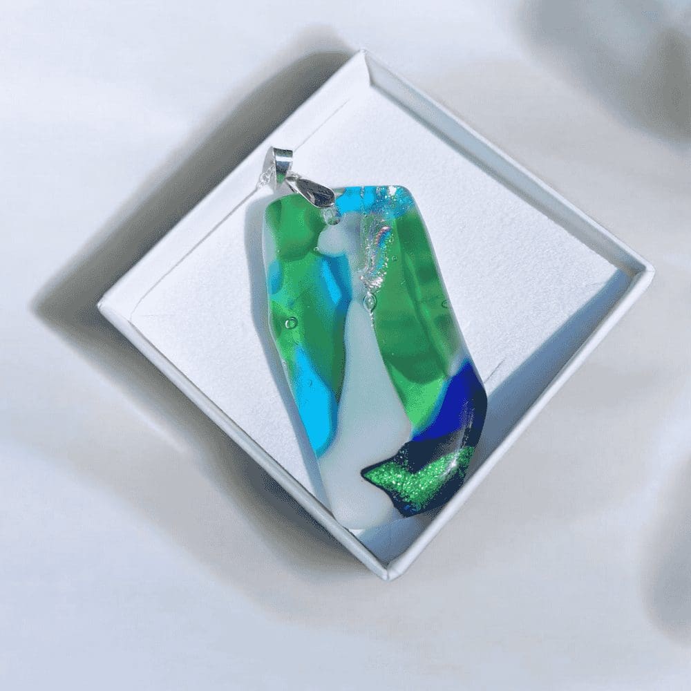 Handmade Green and Blue Fused Glass Pendant Necklace – Statement Dichroic Jewellery Gift - Image 8