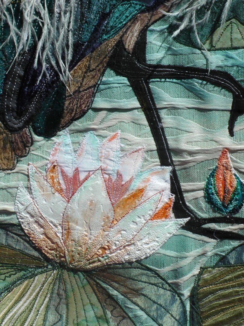 Original Art Grey Heron Water lilies Nature Wildlife Fabric art Wall Hangings - Image 2