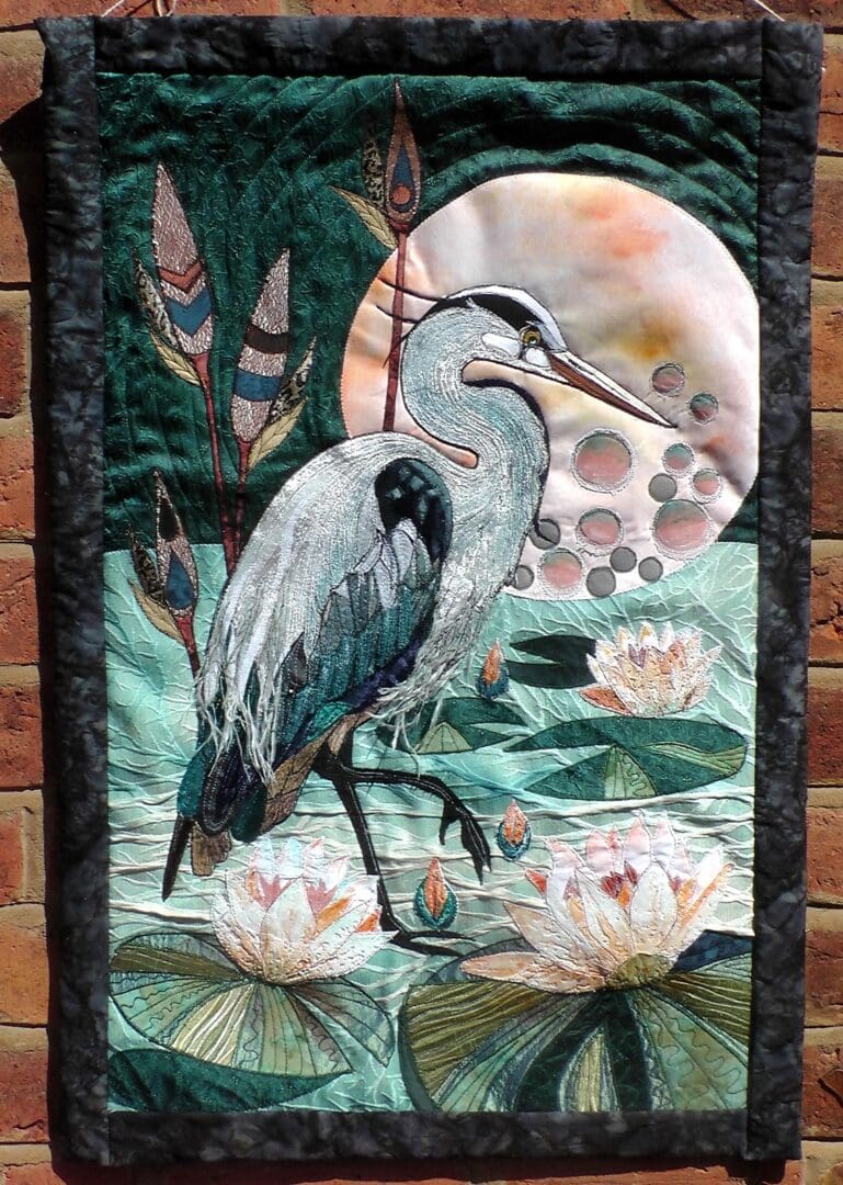 Original Art Grey Heron Water lilies Nature Wildlife Fabric art Wall Hangings - Image 3