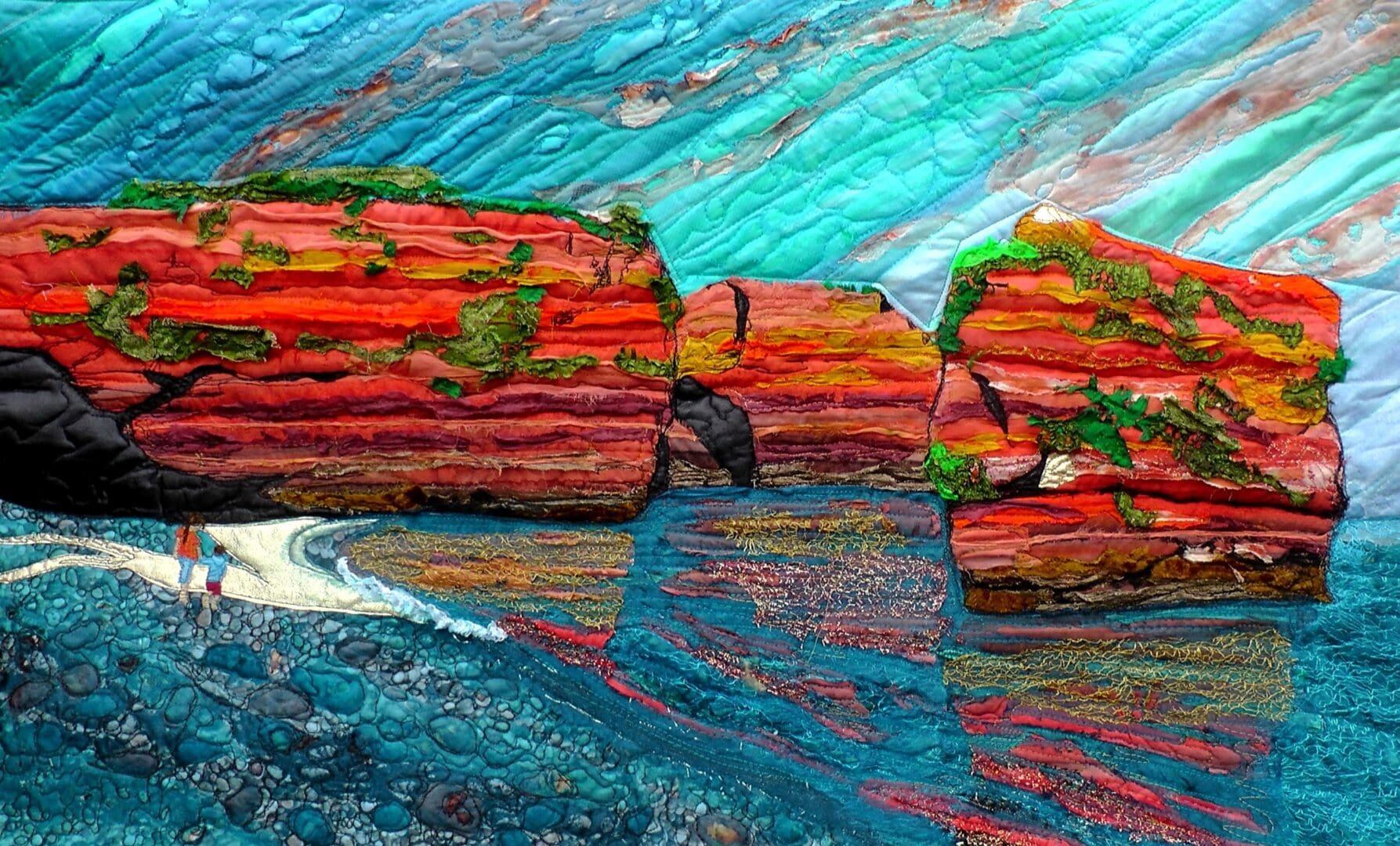 Original Art Ladram Bay. Sea stacks Seascape Wall hanging landscape textile wall hanging.