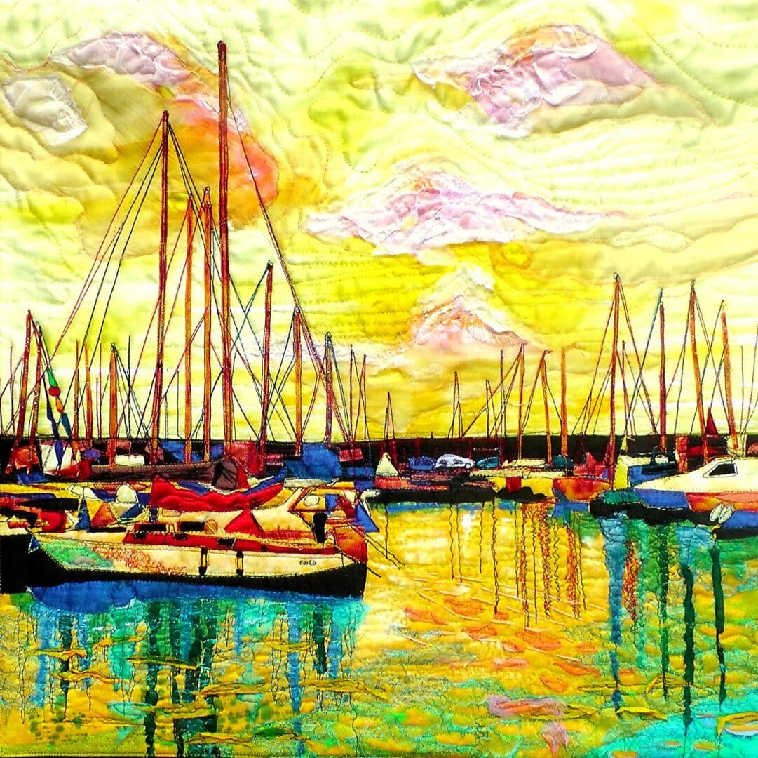 Original Art Sail boats. Water and boats. Golden sunrise.