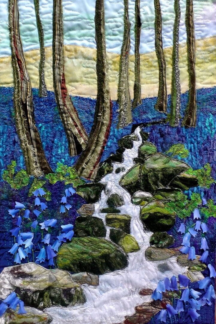 Original Art Bluebells wall hanging. Woodland flowers. English bluebells. textile art bluebells