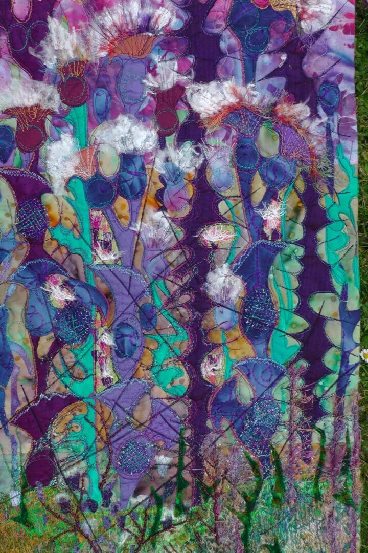 Original Art Textile purple thistles, wall hanging. Embroidery. Abstract Art.