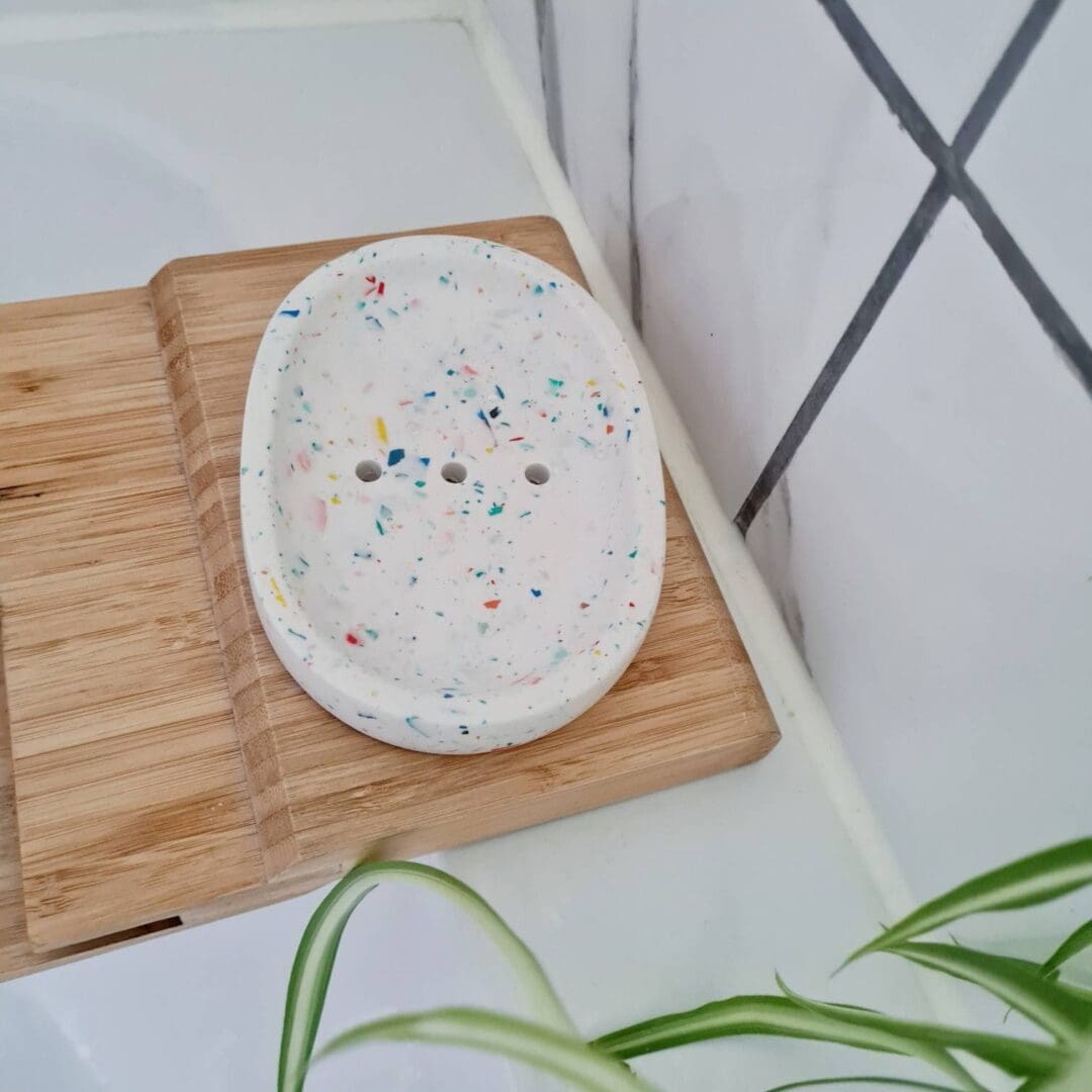 Handmade Rainbow Terrazzo Soap Dish: Oval Bathroom Decor