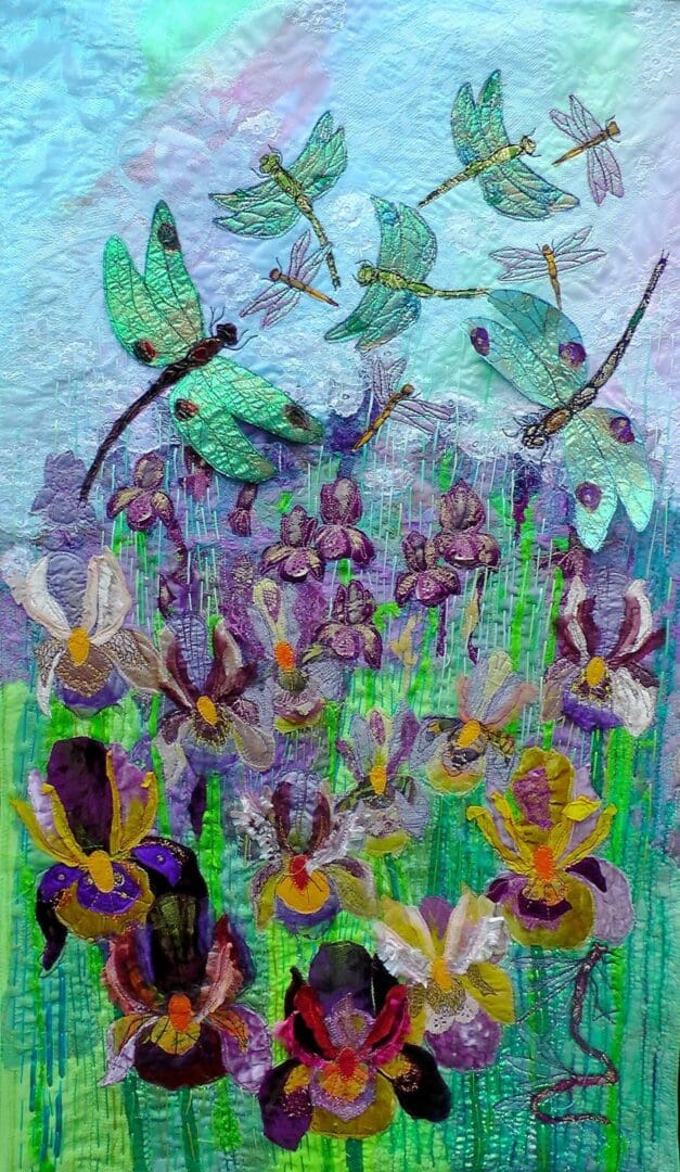 Original Art Iridescent dragonflies and gorgeous irises