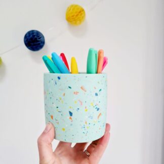 Handmade Mint Green Terrazzo Pot: Pen, Brush, and Plant Holder