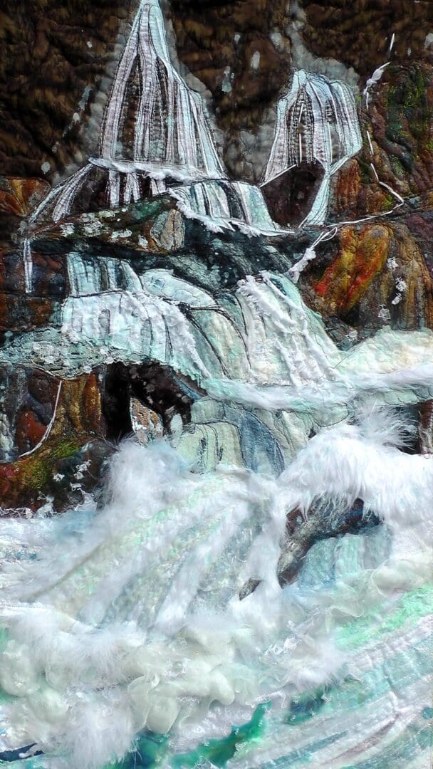 Original Art textile waterfall. healing fabric art cascades of water
