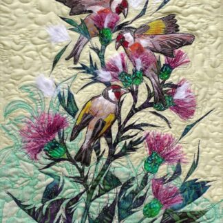 Original Art Goldfinches and Thistles. Textile Wall Hanging.