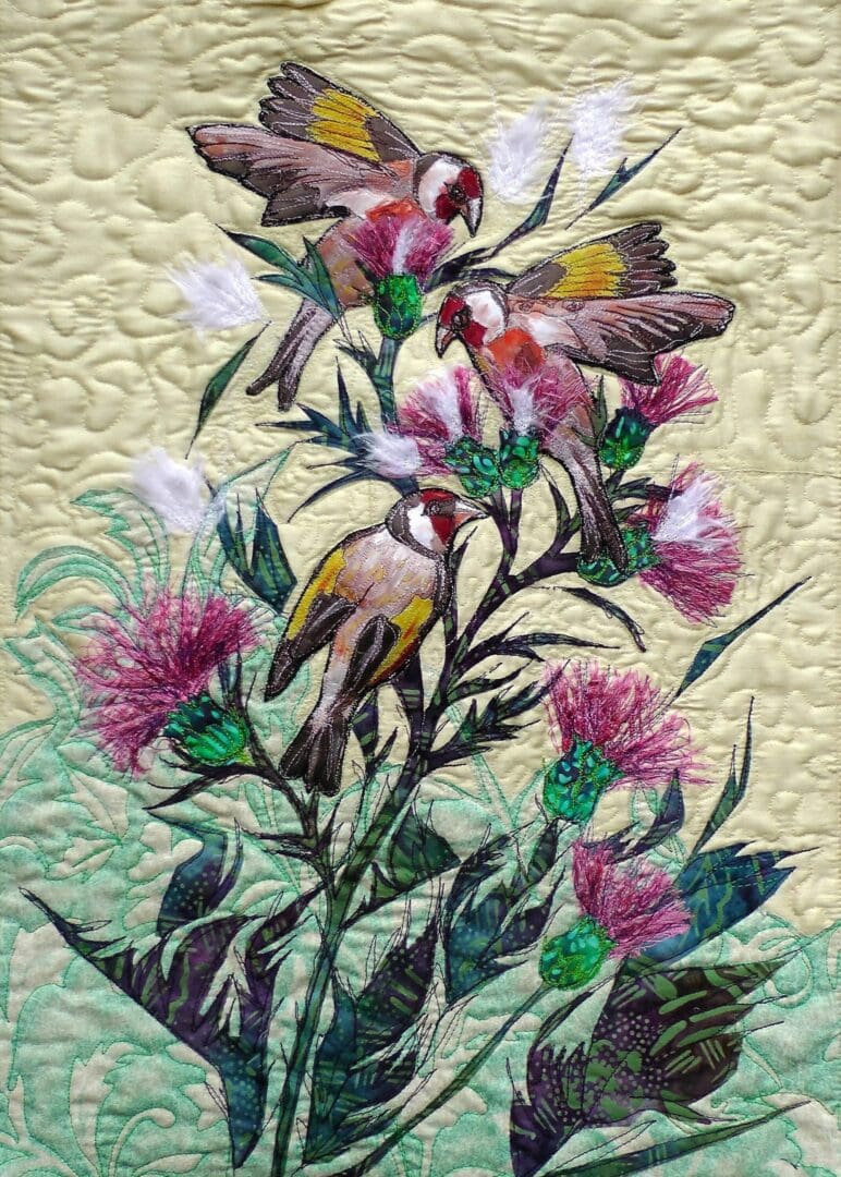 Original Art Goldfinches and Thistles. Textile Wall Hanging.