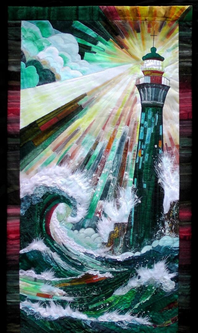 Original Art Lighthouse in a stormy sea. Lightness in the dark. dramatic art. Guiding Light.