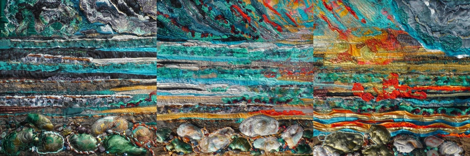 Original Art Triptych Sunset textile