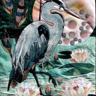 Original Art Grey Heron Water lilies Nature Wildlife Fabric art Wall Hangings