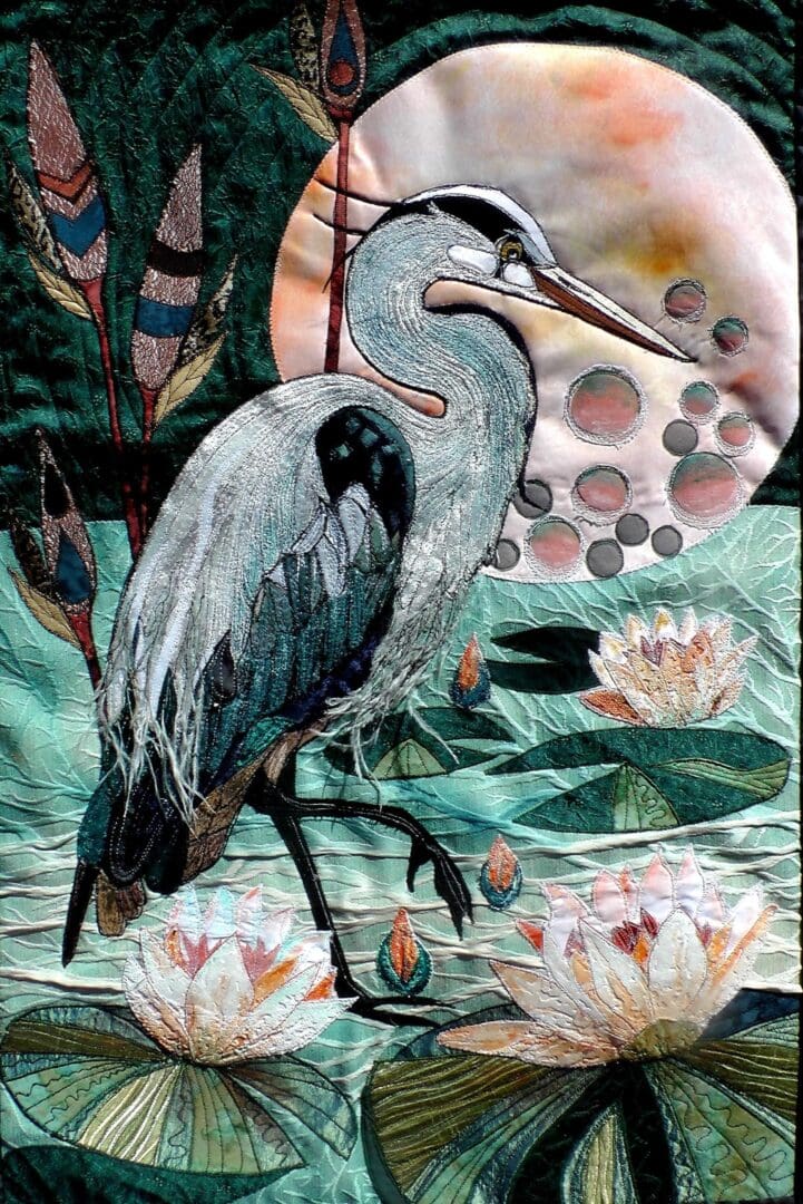 Original Art Grey Heron Water lilies Nature Wildlife Fabric art Wall Hangings