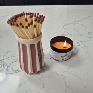 Handmade Pink Stripe Matchstick Pot with Strike Patch