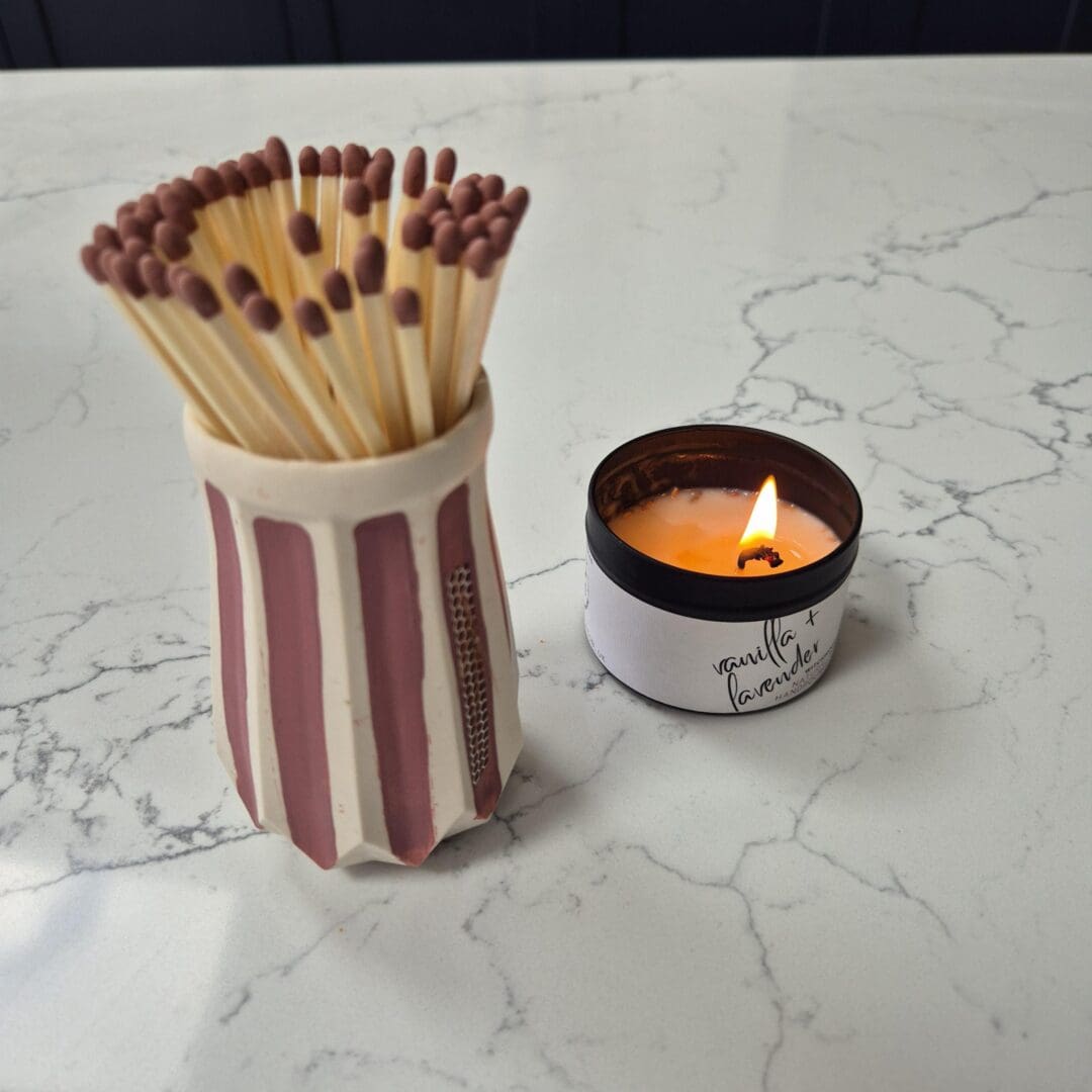 Handmade Pink Stripe Matchstick Pot with Strike Patch
